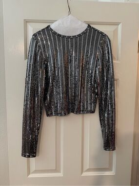 Alice + Olivia Black Silver Sequin Long-Sleeve Crop Top